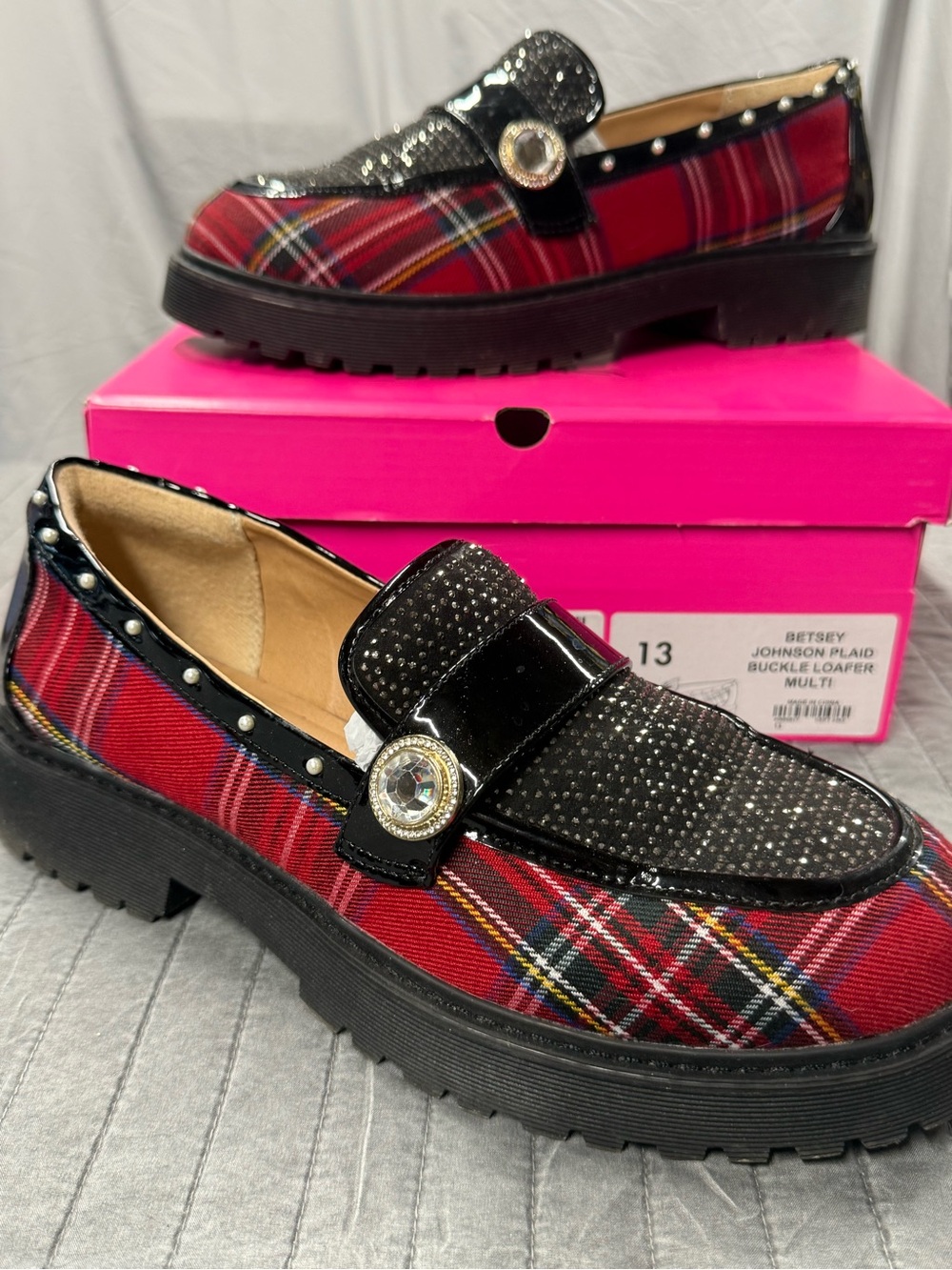 Betsey Johnson Red Plaid Buckle Loafers